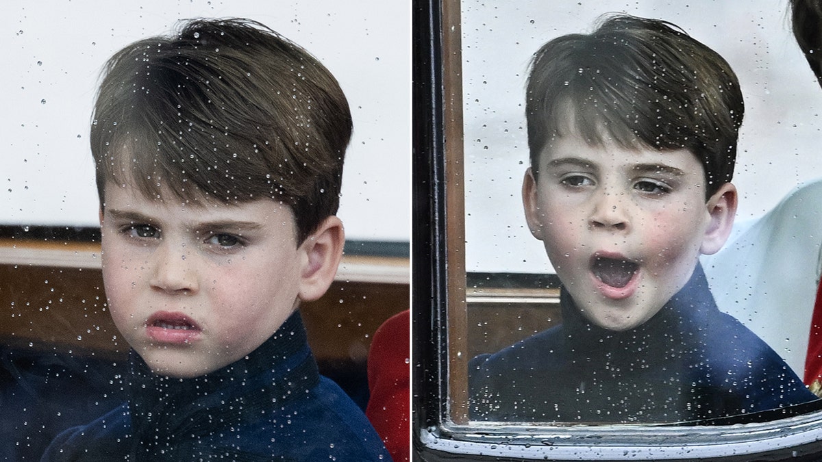 Prince Louis in a chariot on his way to the Kings' coronation shows disdain in a funny scowl split Prince Louis yawns