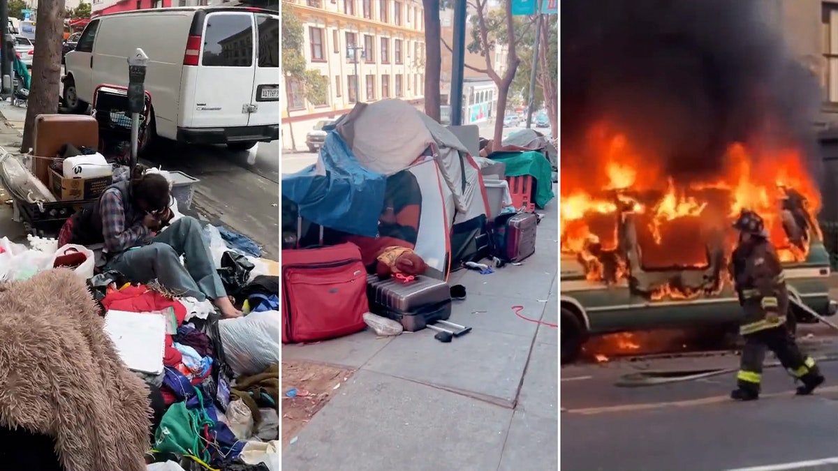 Photos show tents, trash and a burning vehicle in San Francisco, California
