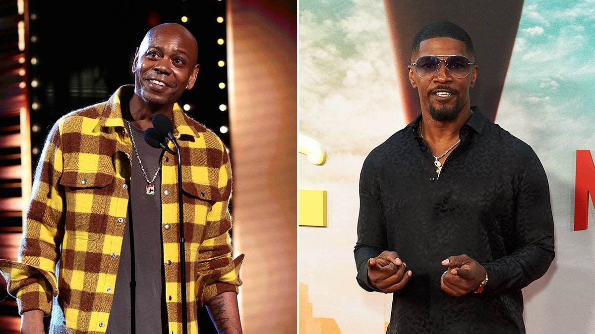 Dave Chappelle stands on stage behind a microphone wearing a yellow plaid shirt split Jamie Foxx on the red carpet in a black shirt and shaded sunglasses