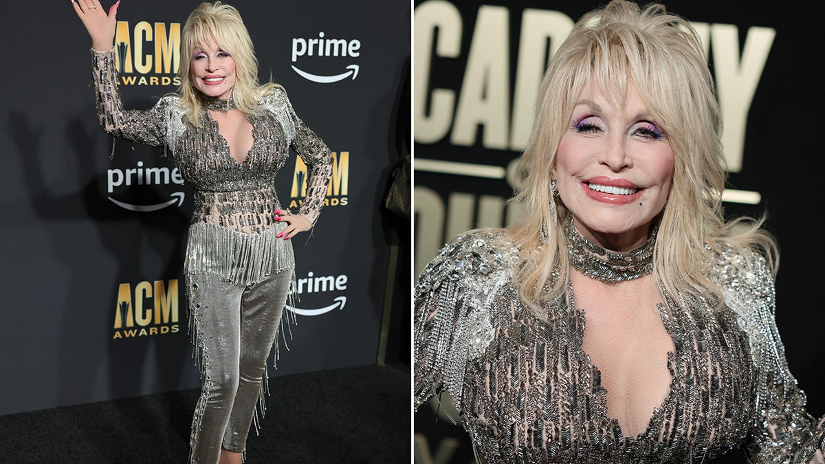 Dolly Parton rocks sparkling silver pantsuit with plunging neckline at American Country Music Awards