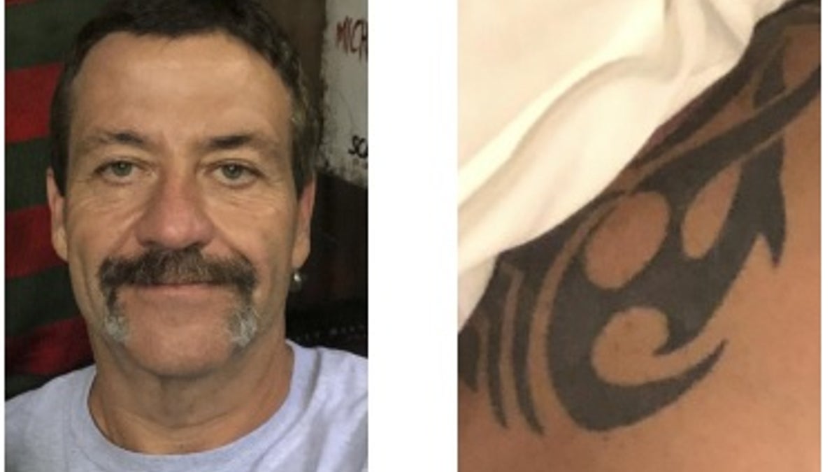 Donald Eugene Fields II in 2018, left, and his distinctive tribal tattoo on his shoulder.