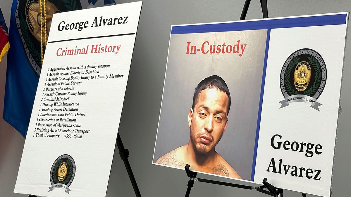 Poster board with George Alvarez mugshot and criminal record