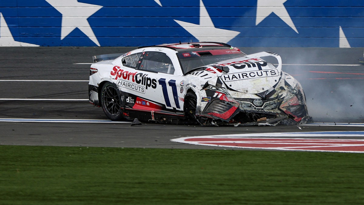 Denny Hamlin's car was worse for wear after the Coke Zero 400 on Saturday,  July 2, 2011, at the Daytona International Speedway in Daytona, Florida.  Hamlin, involved in a crash at the