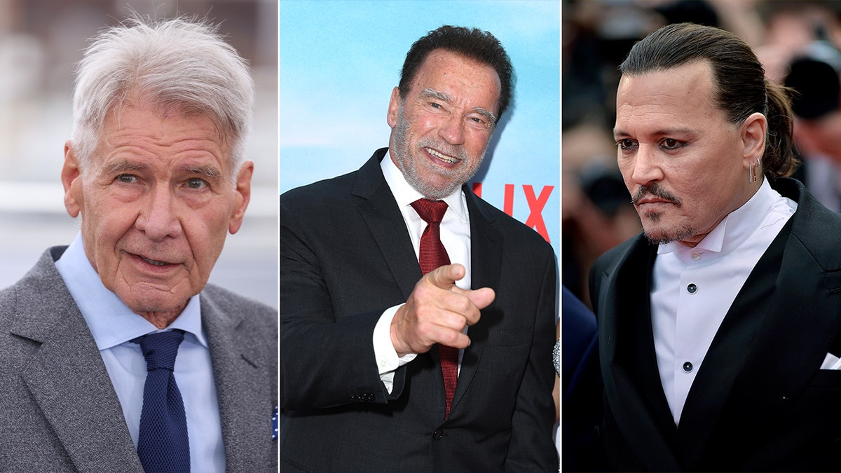 three split of Harrison Ford, Arnold Schwarzenegger, and Johnny Depp