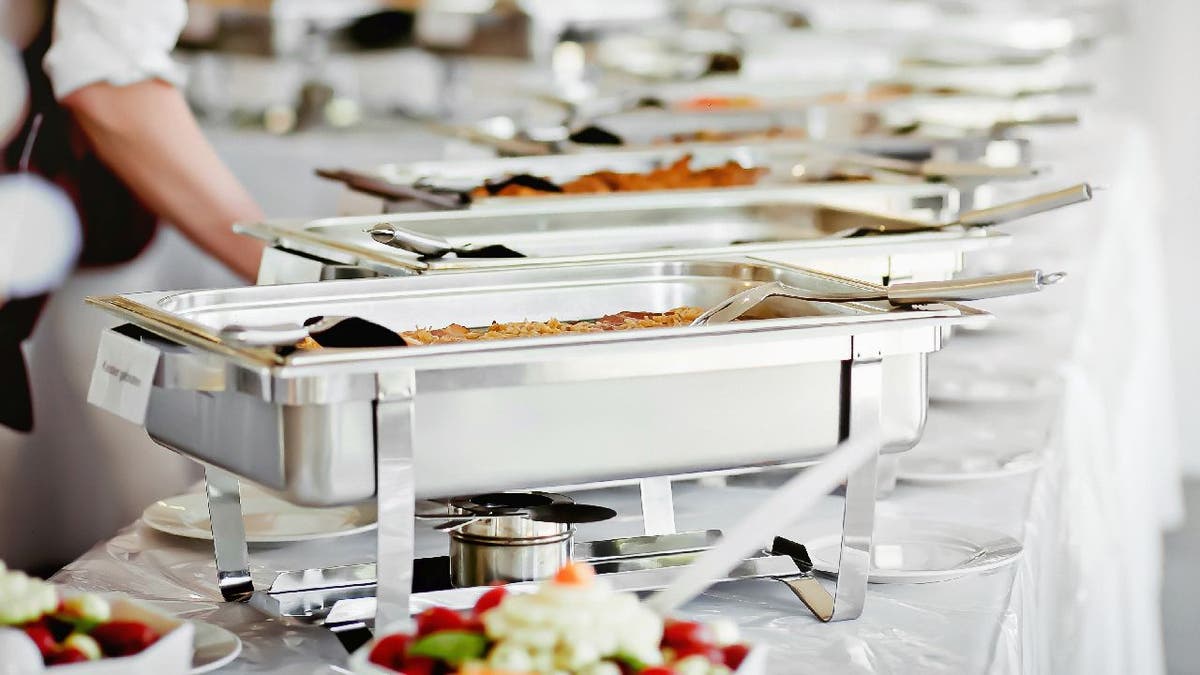Catering food set up on a wedding event table.