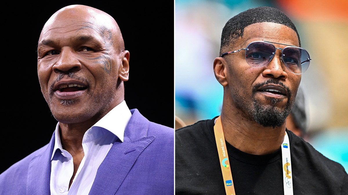 Mike Tyson sports a blue suit while Jamie Doxx wears black T-shirt at sporting event
