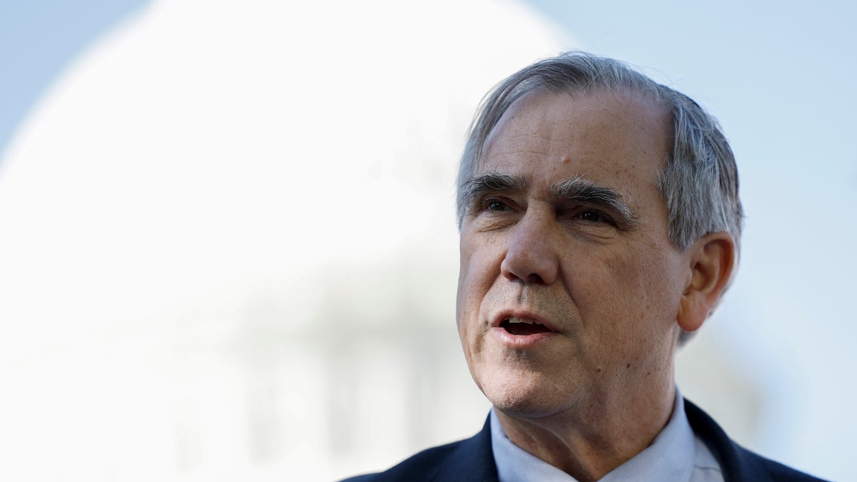 Sen. Jeff Merkley, D-Ore., speaks at a press conference outside of the U.S. Capitol Building on April 18, 2023 in Washington, D.C.