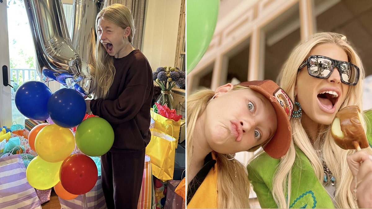 Maxwell Drew screams with excitement as she holds a bunch of colorful balloons split Maxwell wearing an orange trucker hat makes a goofy face while mother Jessica Simpson smiles in green, holding a caramelized apple