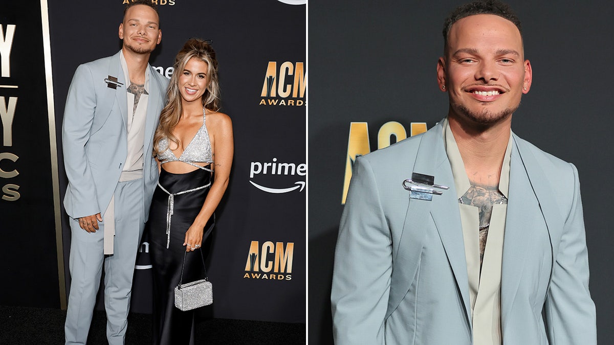 Kane Brown sports blue blazer, Katelyn Brown sparkles wearing glittering top and black skirt at the ACM Awards