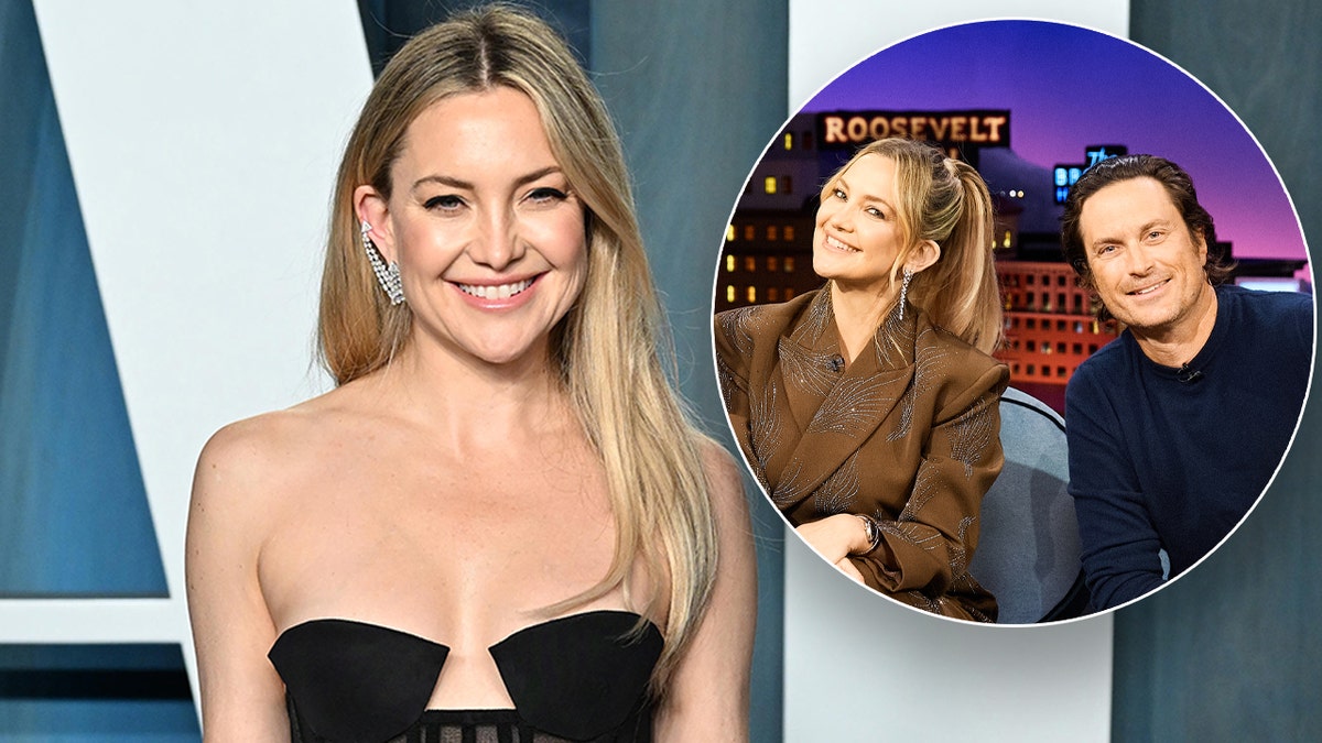 Kate Hudson wears strapless black dress at Oscars party, smiles with brother Oliver during an interview