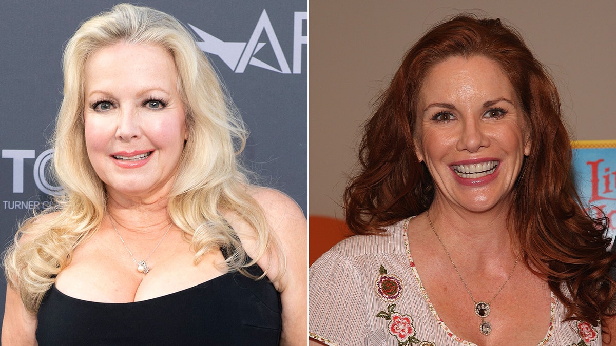 Kym Karath in a black dress smiles on the red carpet split Melissa Gilbert in a white top with flowers embroidered smiles