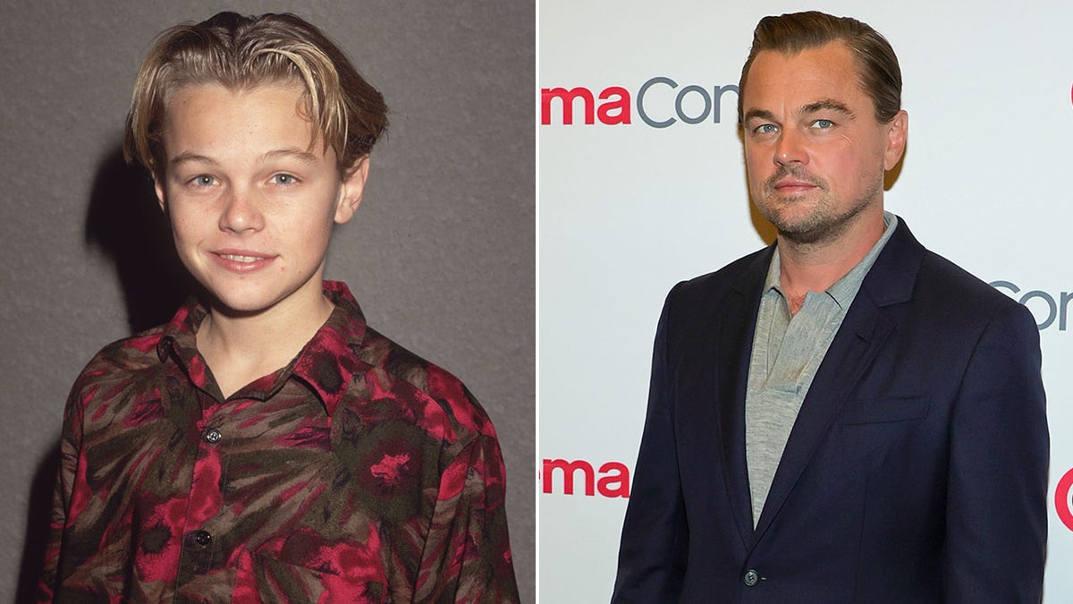 A split image of Leonardo DiCaprio when he was a child and now.