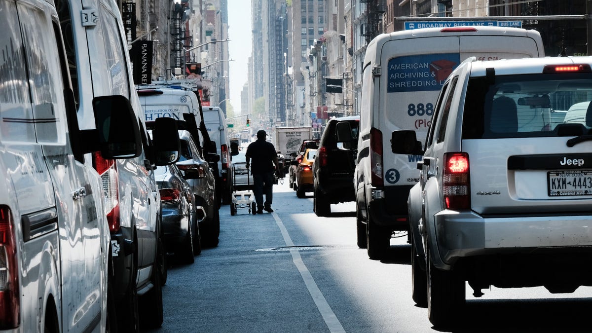 Traffic moves through downtown Manhattan on April 21, 2023 in New York City.
