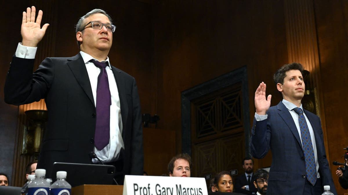 Gary Marcus, left, Sam Altman right, take oath before testifying