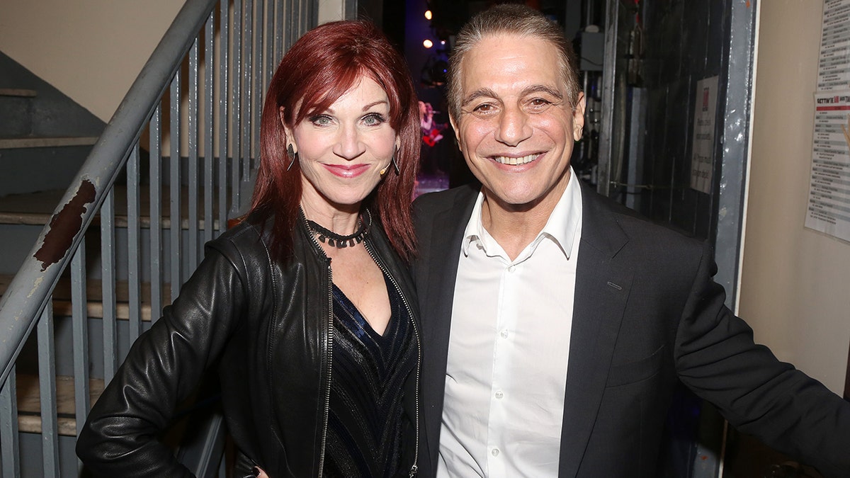 Marilu Henner and Tony Danza backstage at the musical "Getting The Band Back Together" on Broadway