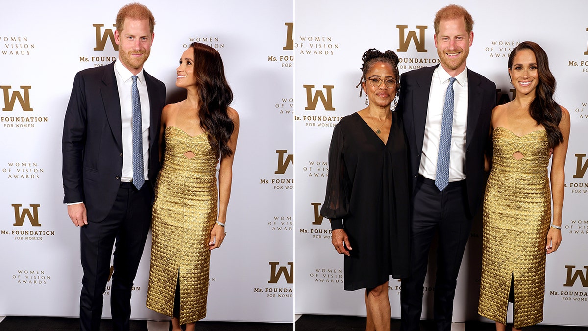 Meghan Markle looks up at her husband on the red carpet at the Ms. Foundation Women of Vision Awards split Prince Harry is in the middle of his mother-in-law Doria and Meghan Markle in a gold gown
