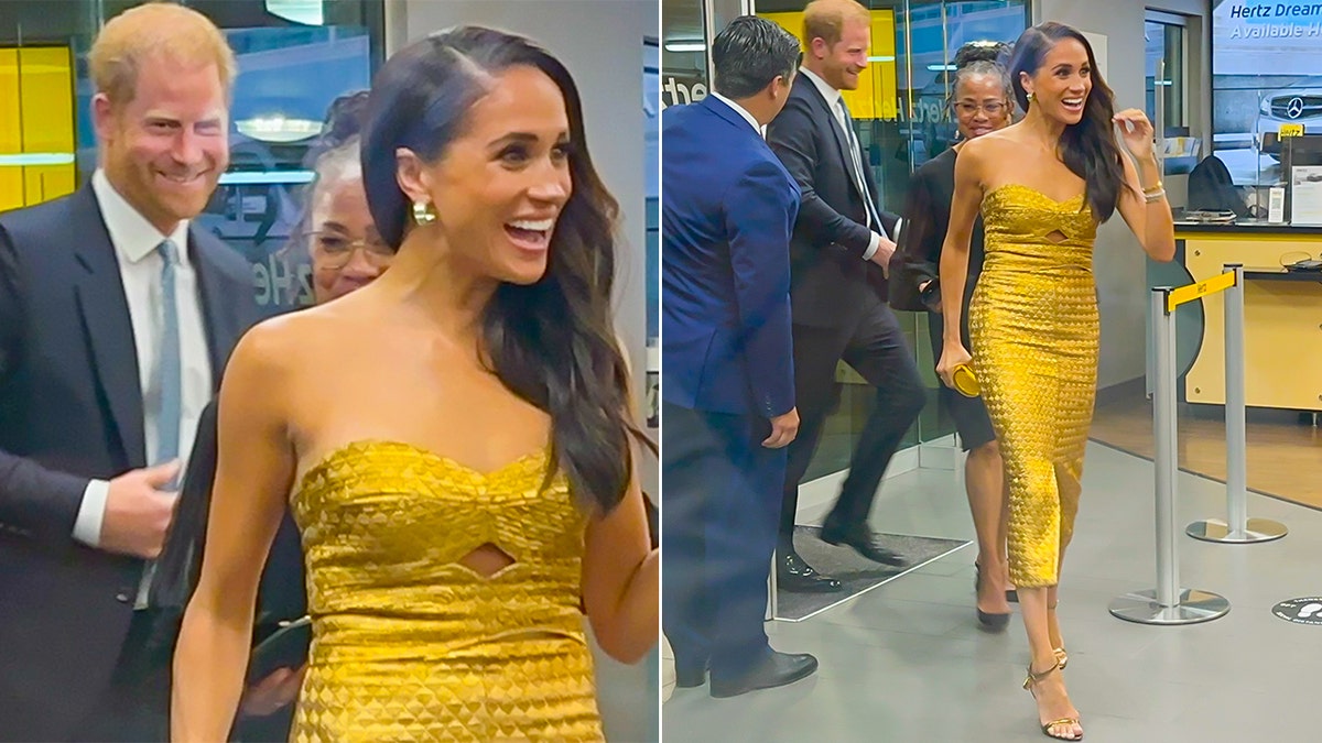 Meghan Markle wears gold strapless gown with Prince Harry