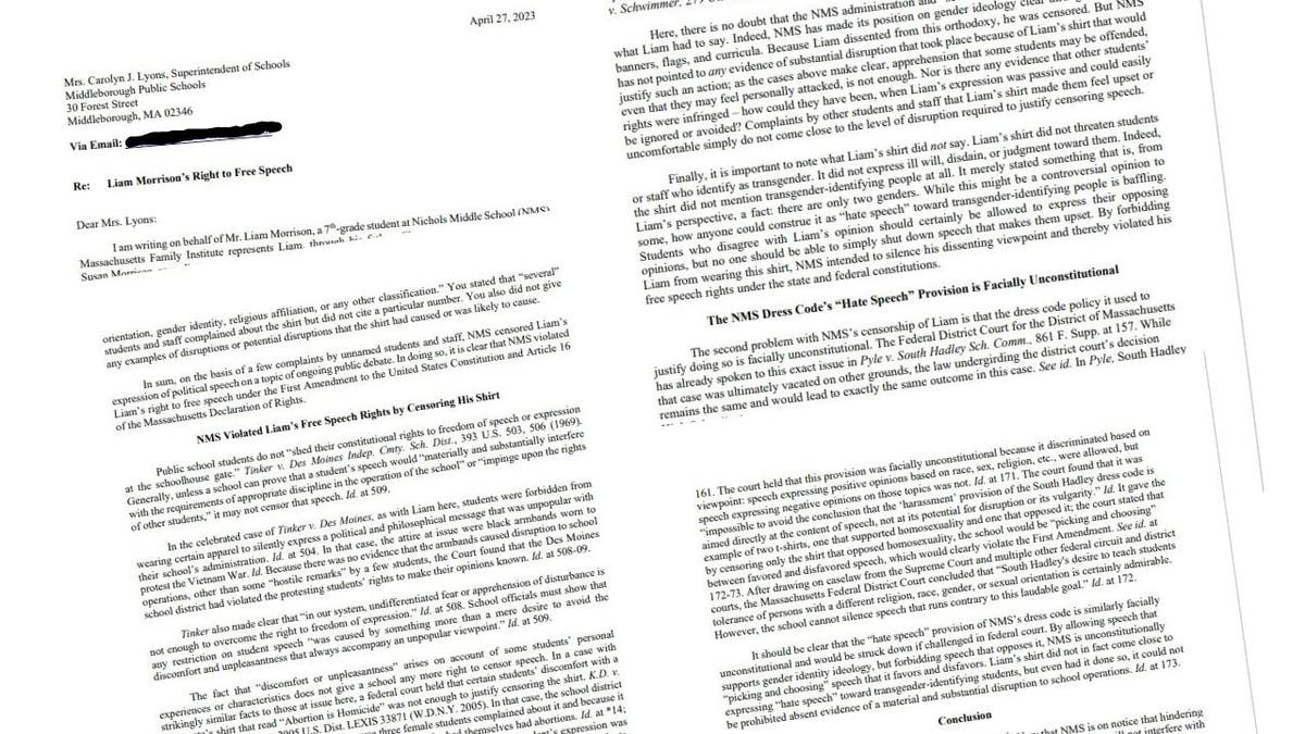 A layout of the demand letter sent to Middleborough Public Schools.