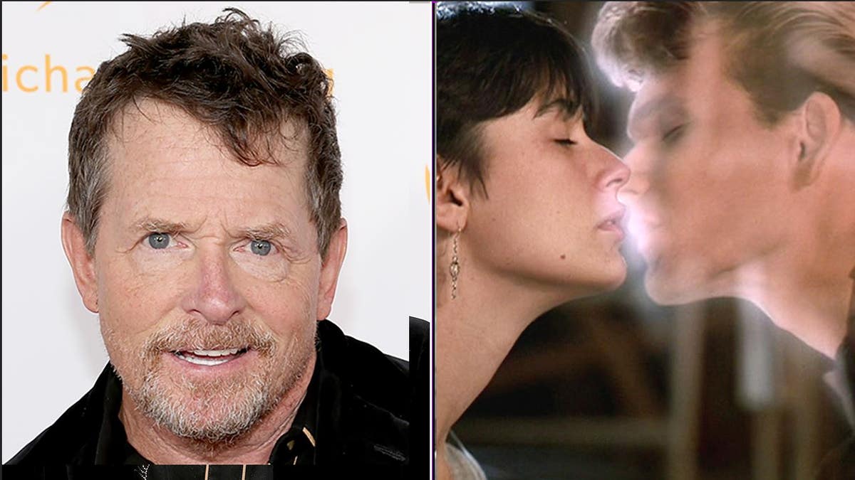 A split of Michael J. Fox and Demi Moore and Patrick Swayze kissing in "Ghost"