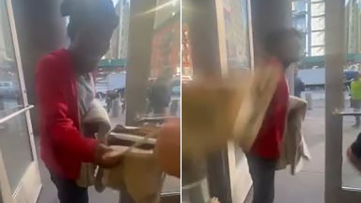 alleged shoplifter hitting guard in the head with a bag