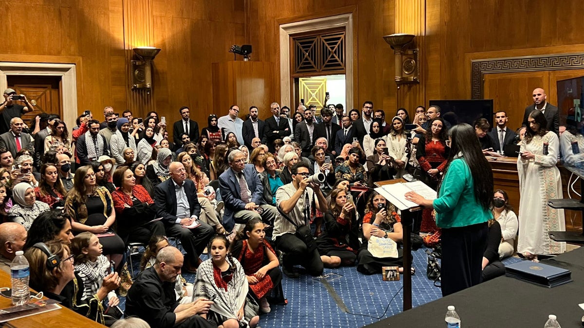 A crowd of Palestinian Americans gathers in a Senate hearing room