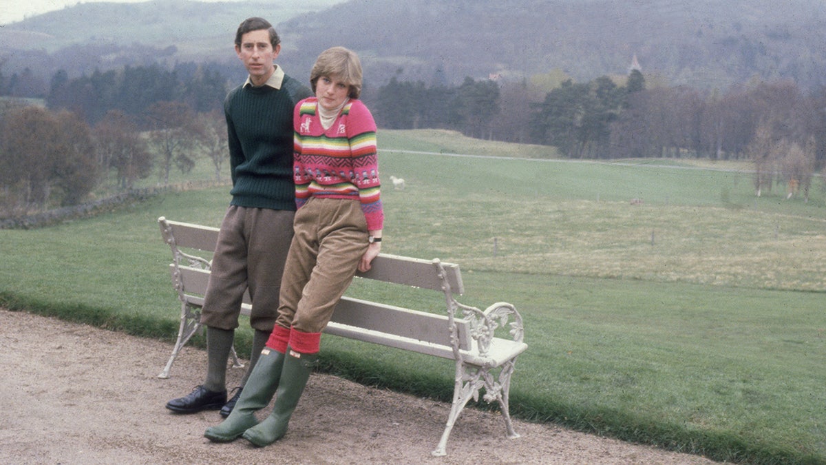 Princess Diana wears colorful sweater and khaki slacks in Scotland with Prince Charles