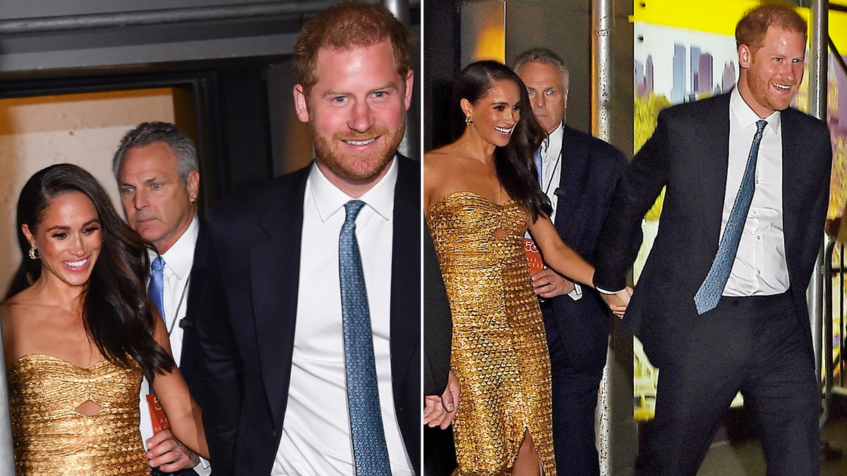 Harry holds Meghan Markle's hand while walking to a car in Manhattan