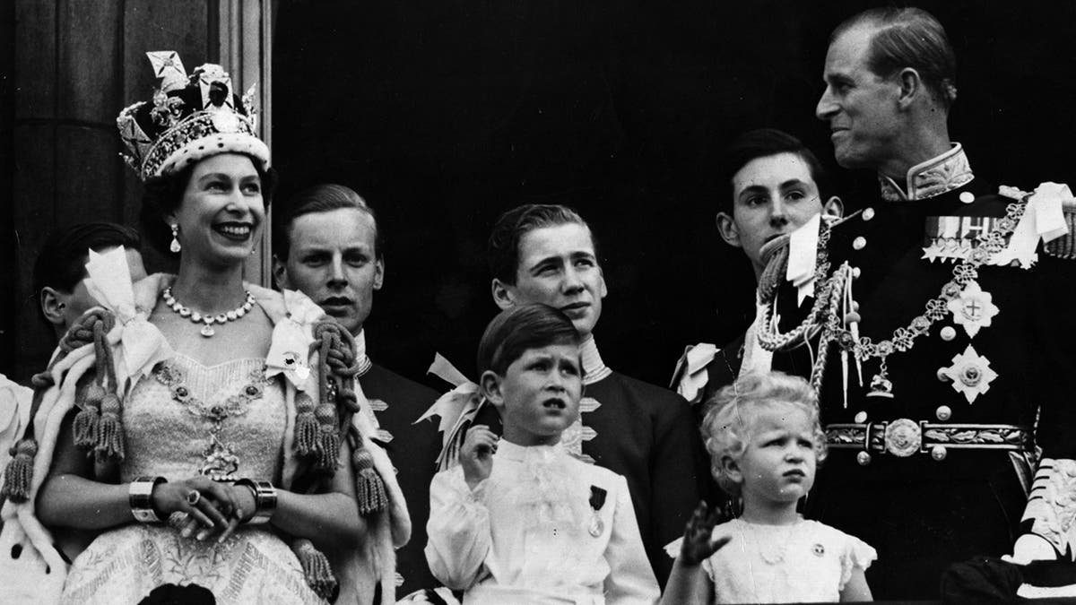 Queen Elizabrth, King Charles, Princess Anne and Prince Phillip at Queen Elizabeth's coronation
