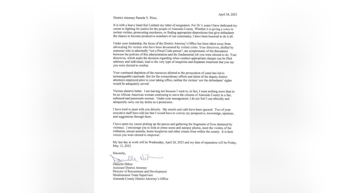 Danielle Hilton resignation letter alameda county district attorney's office
