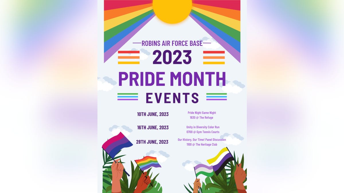 A flyer provided by Rep. Chip Roy's office advertises 2023 Pride Month events at Robins Air Force Base in Houston County, Georgia