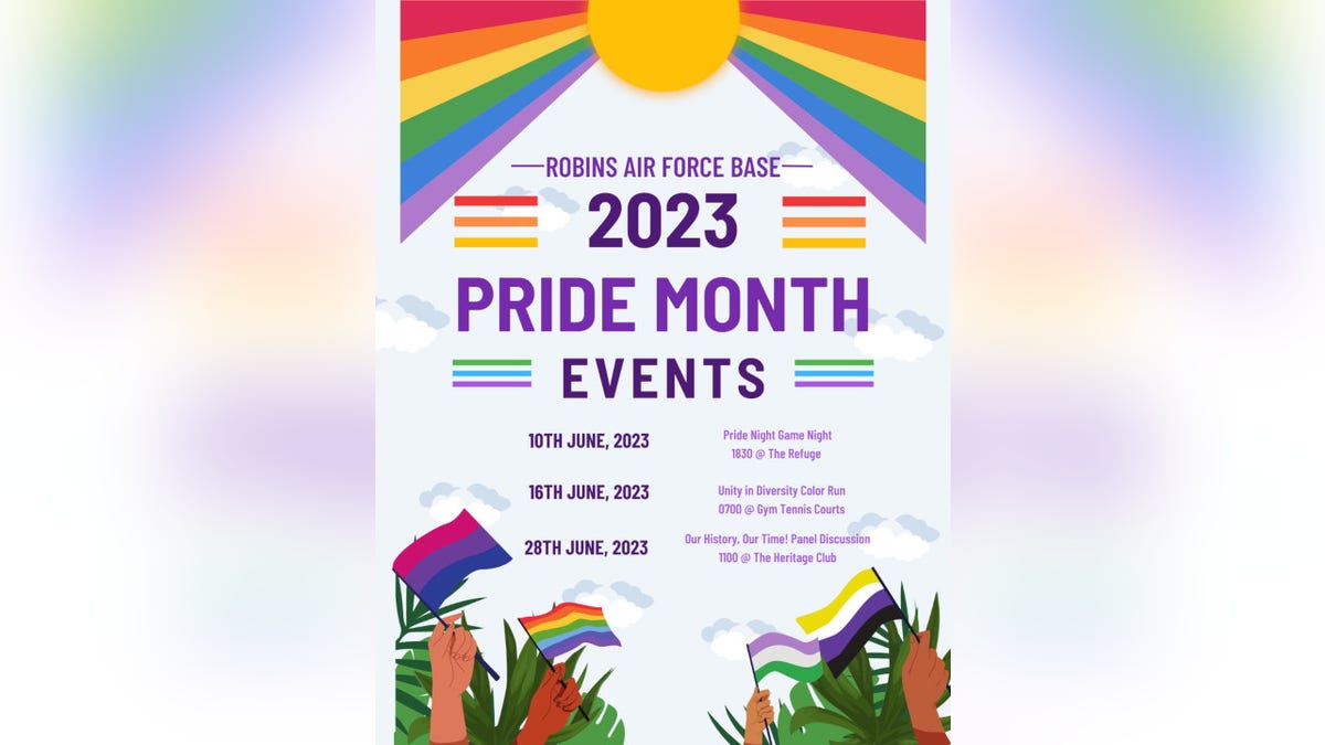 A flyer advertises 2023 Pride Month events at Robins Air Force Base in Georgia