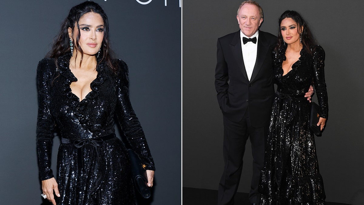 Salma Hayek shows off fit figure in black sequin gown in Cannes
