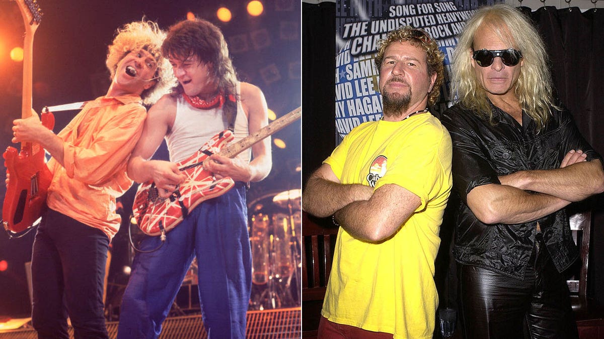 Sammy Hagar performing with eddie van halen sammy standing back to back with david lee roth