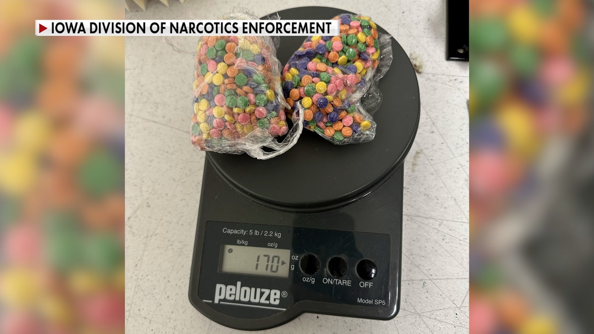 A bag of skittle-like pills that are laced with fentanyl on a mini scale