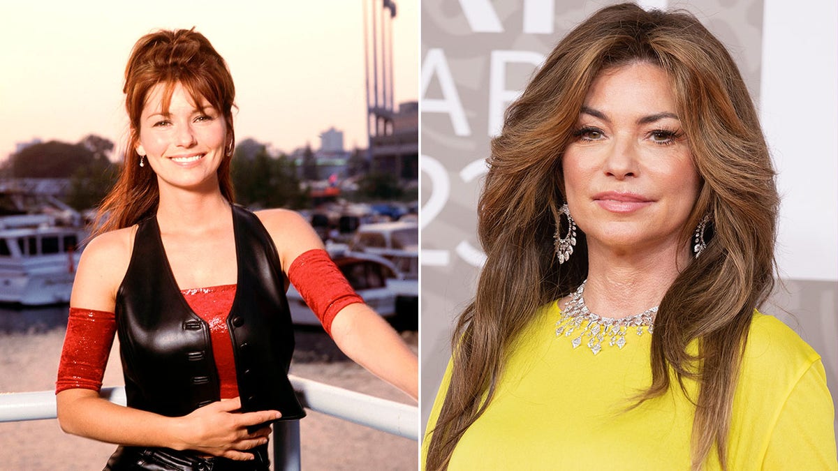 A split image of Shania Twain at the beginning of her career and now.