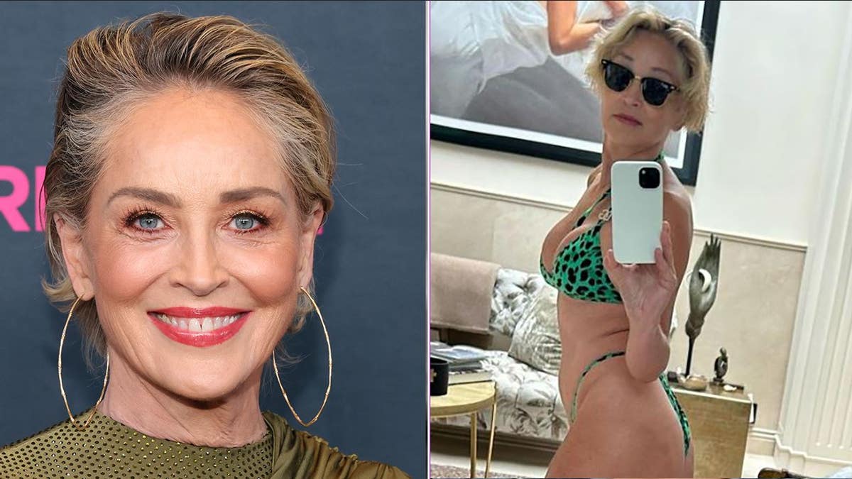 A split of Sharon Stone on the red carpet and her in a bikini