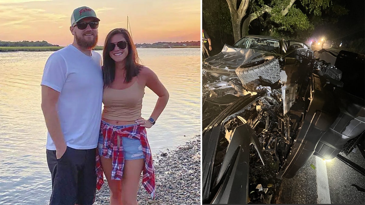 Aric Hutchison and Samantha Miller on the beach next to an evidence photo of the mangled car and golf cart.