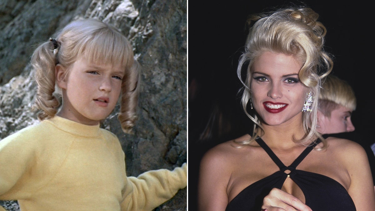 Susan Olsen as a child playing Cindy in "The Brady Bunch" in a yellow shirt looking perplexed split Anna Nicole Smith smiles with red lipstick and a black dress