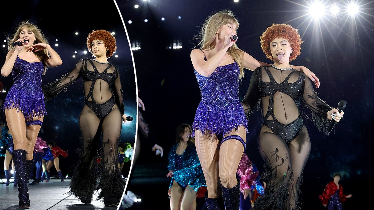 Taylor Swift and Ice Spice perform 'Karma' at MetLife stadium, strutting down the stage split Taylor looks at Ice Spice while performing