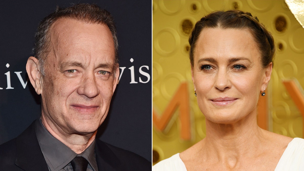 Tom Hanks soft smiles on the red carpet in a black suit split Robin Wright with her hair pulled back in a white dress on the red carpet