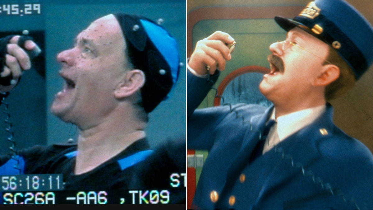 Tom Hanks holds up a microphone (one that would be in a train) with sensors attached to his body split the animated character of the conductor from "The Polar Express" makes the same pose - shown to represent motion capture