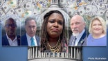 Members of congress superimposed over photos of US Capitol Building and hundred dollar bills