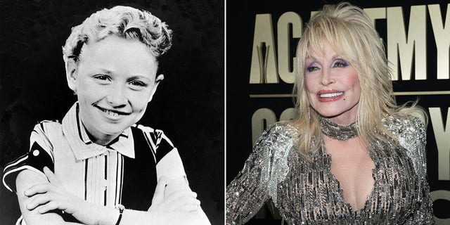 A split image of Dolly Parton as a child and in present day.