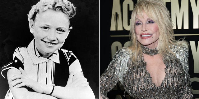 A split image of Dolly Parton as a child and in present day.