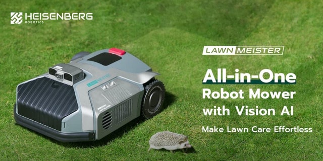 LawnMeister grey small robot on green grass next to white letter text and little hedgehog