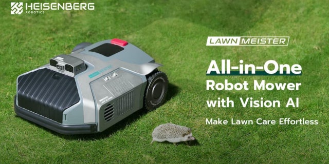 Robot kecil abu-abu LawnMeister di rumput hijau di sebelah teks surat putih dan landak kecil