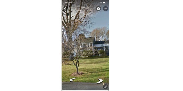 Image of house and yard with white arrows and red arrow pointing to bottom white section