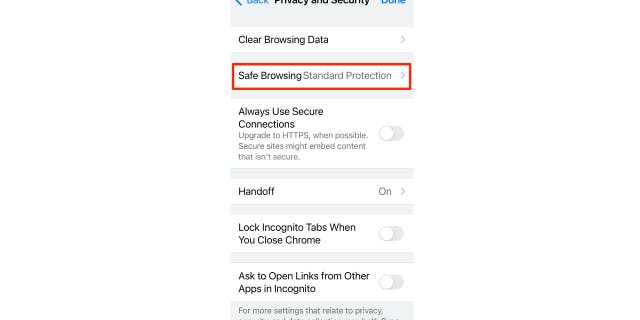 safe browsing setting screengrab