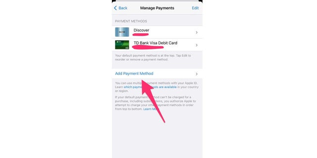 Screenshot of the "Manage Payments" screen.