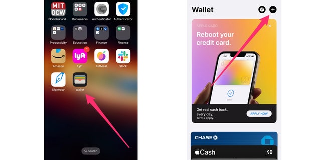 Cuplikan layar layar utama Apple dan aplikasi Wallet.